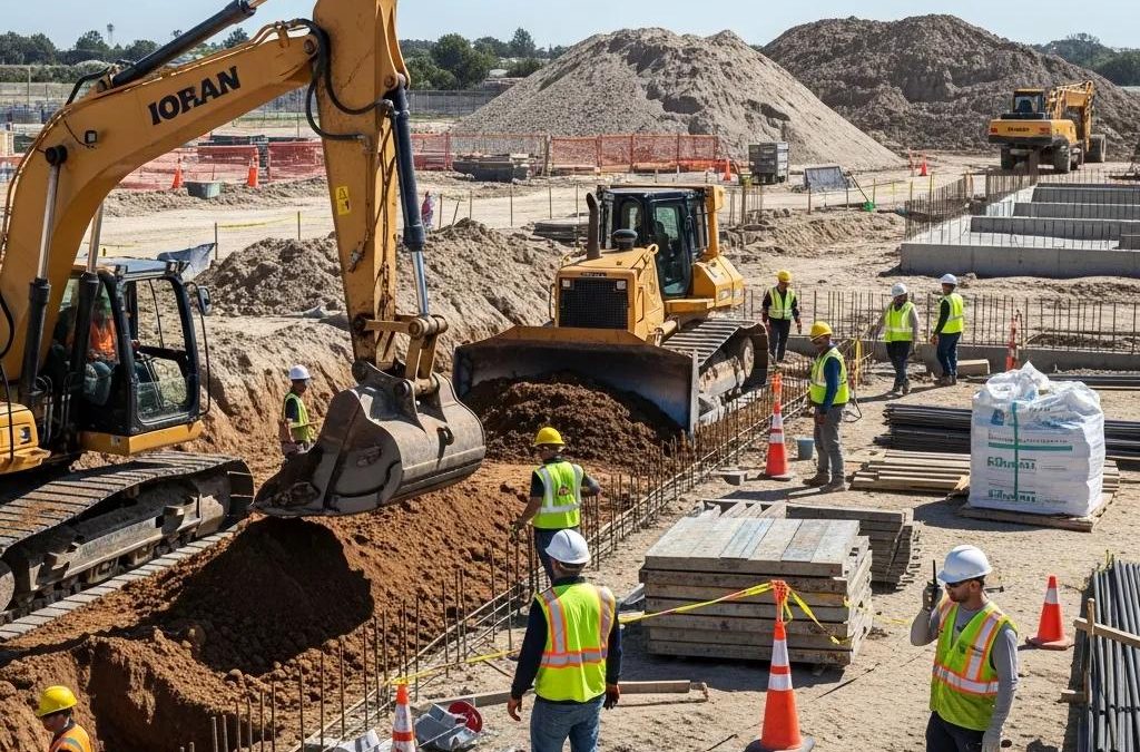 Construction workers preparing a concrete site with heavy machinery