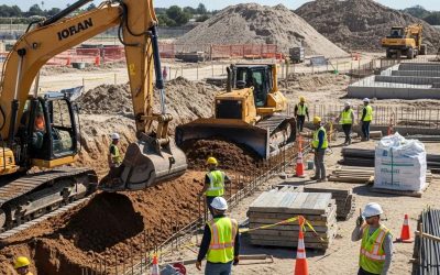 Construction workers operating heavy machinery on a concrete site, preparing for foundation work with excavators and bulldozers, surrounded by construction materials and equipment.
