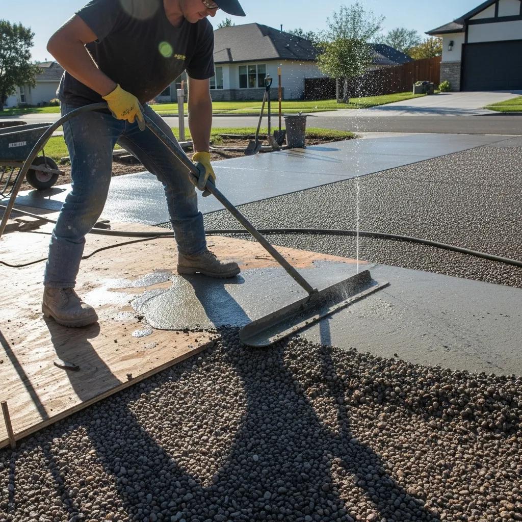 Contractor installing exposed aggregate concrete, showcasing installation techniques and surface texture in a residential setting.