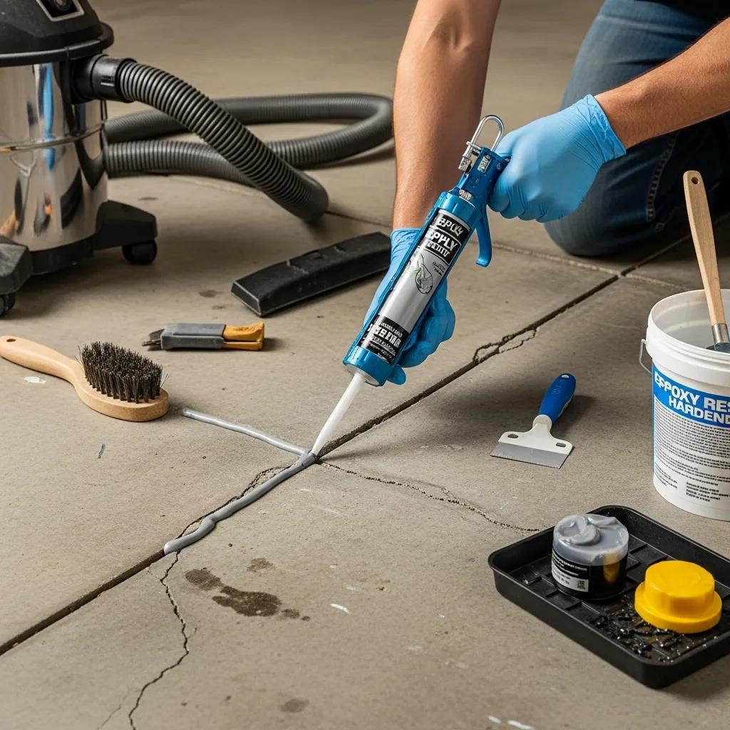 Contractor applying epoxy sealant to repair cracks in a concrete garage floor, demonstrating effective repair techniques with tools and materials for resurfacing.