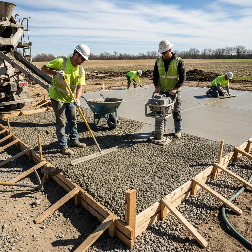 Contractors installing a concrete patio, using tools like a screed and compactor, in a residential outdoor setting with a clear sky and prepared site.