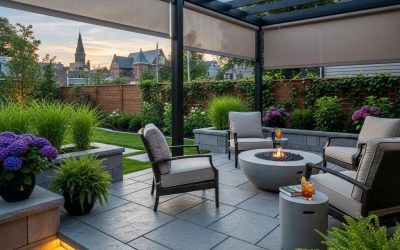 Custom concrete patio in a Milwaukee backyard featuring stylish furniture, vibrant plants, and a fire pit surrounded by lush greenery.
