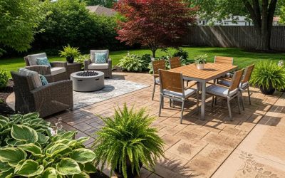 Custom concrete patio in Wauwatosa, WI, featuring decorative stamped designs, outdoor dining set, and comfortable seating area surrounded by lush greenery.