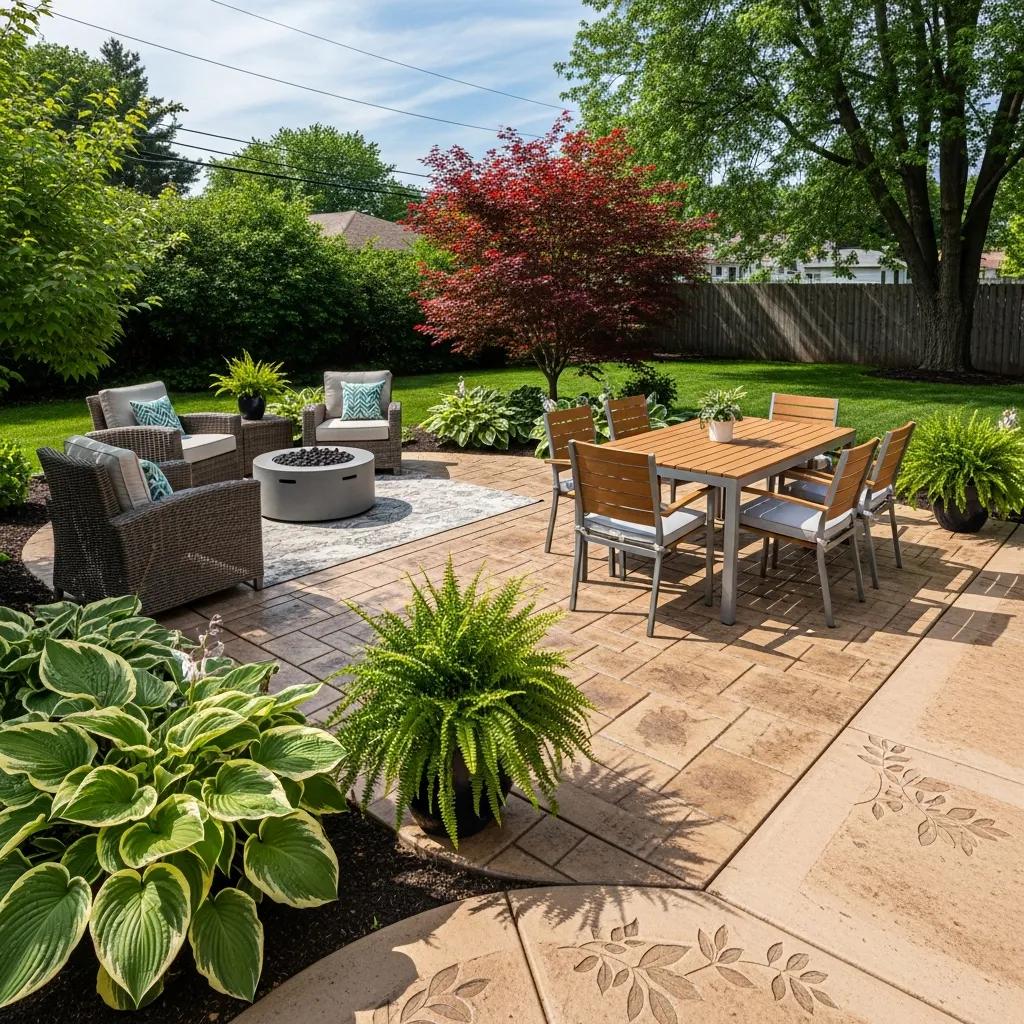 Custom concrete patio in Wauwatosa, WI, featuring decorative stamped designs, outdoor furniture, and lush greenery, ideal for enhancing outdoor living spaces.