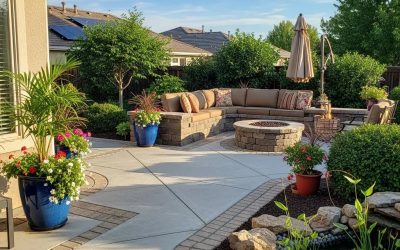Custom concrete patio with decorative borders, seating area, fire pit, and lush greenery in a residential backyard.