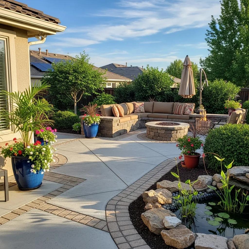 Custom concrete patio with decorative borders, seating area, fire pit, and lush landscaping in West Allis, WI.