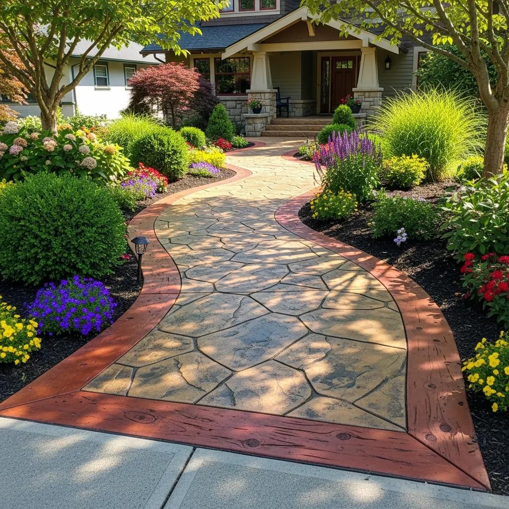 Decorative concrete walkway with stamped and colored designs, surrounded by lush greenery and vibrant flowers in a residential setting, highlighting aesthetic appeal and ADA compliance.