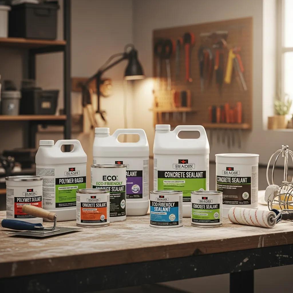 Different types of concrete sealants displayed in a workshop setting, including polymer-based and eco-friendly options, highlighting their applications for protecting and maintaining concrete surfaces.