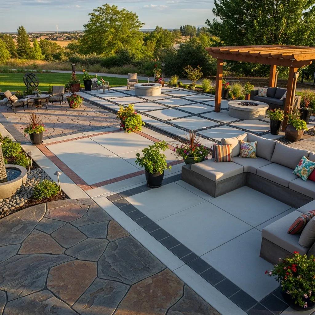 Diverse custom concrete patio designs featuring stamped and decorative options, with a spacious outdoor seating area, planters, and a pergola, enhancing outdoor living in Wauwatosa.