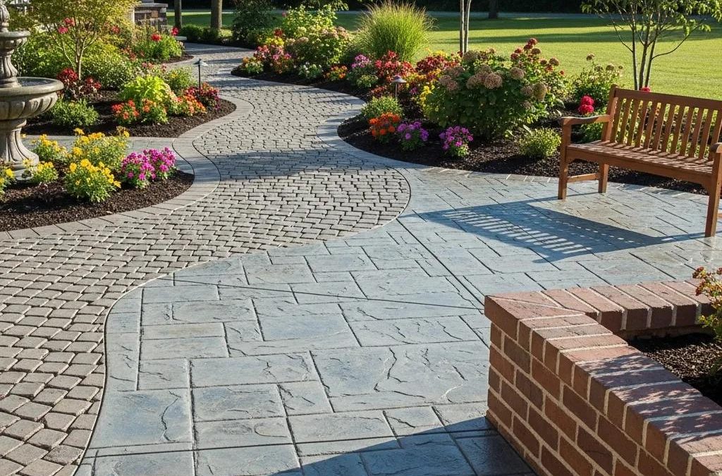 Diverse stamped concrete patterns in a landscaped outdoor setting
