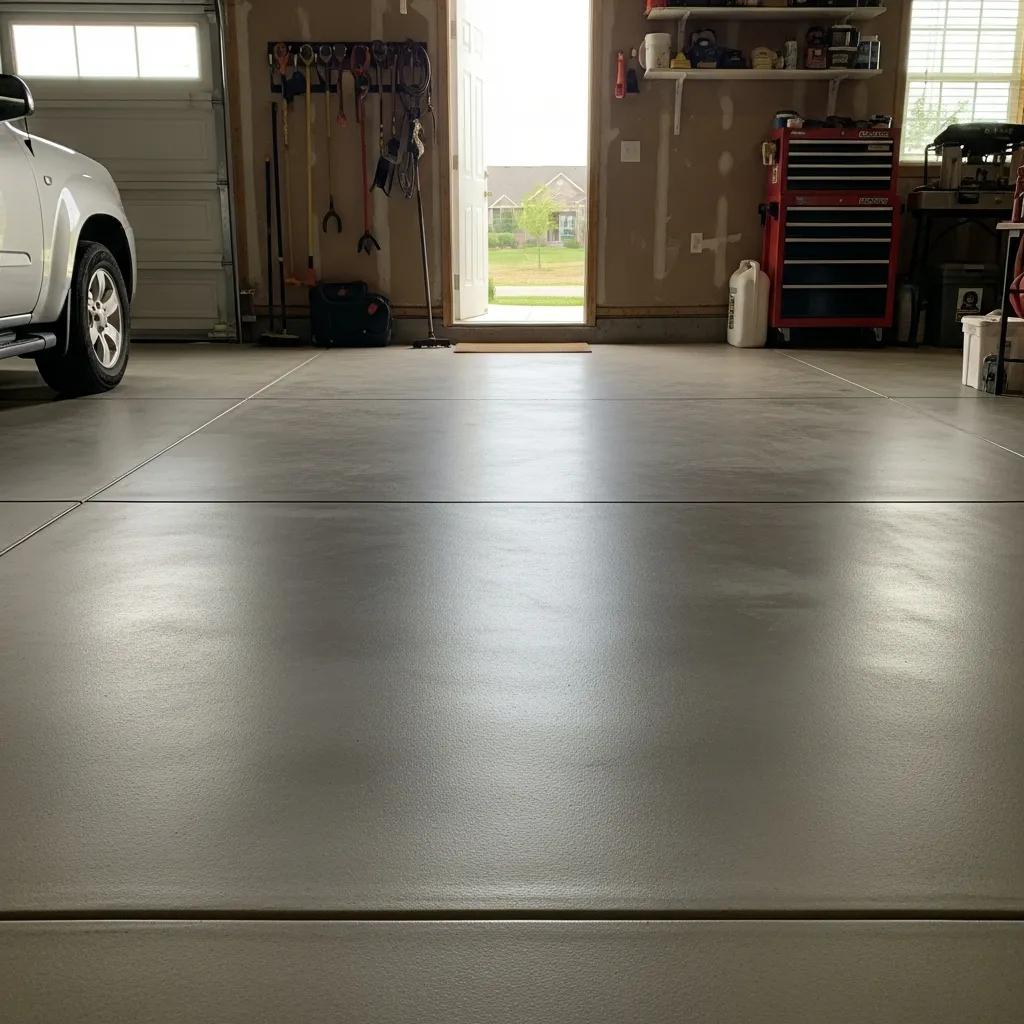 Durable concrete garage floor with a smooth surface, showcasing aesthetic appeal and functionality in a residential garage setting in Milwaukee, WI.