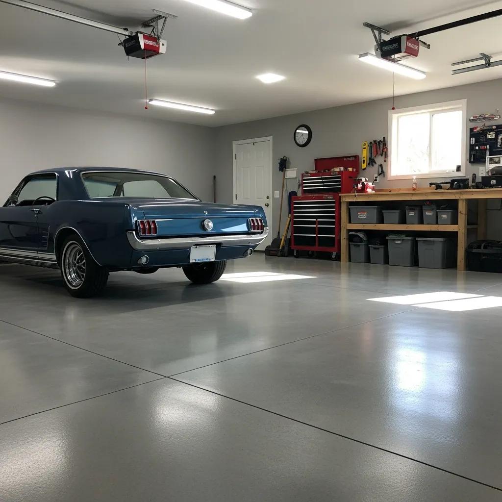 Durable concrete garage floor with a classic blue vehicle parked inside, showcasing functionality and aesthetics in a well-lit West Allis garage.