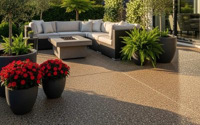 Exposed aggregate concrete patio featuring outdoor furniture and vibrant plants, highlighting durability and aesthetic appeal for residential and commercial spaces.