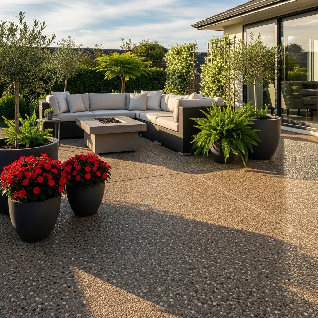 Exposed aggregate concrete patio featuring vibrant plants and modern outdoor furniture, highlighting durability and aesthetic appeal for residential and commercial spaces.