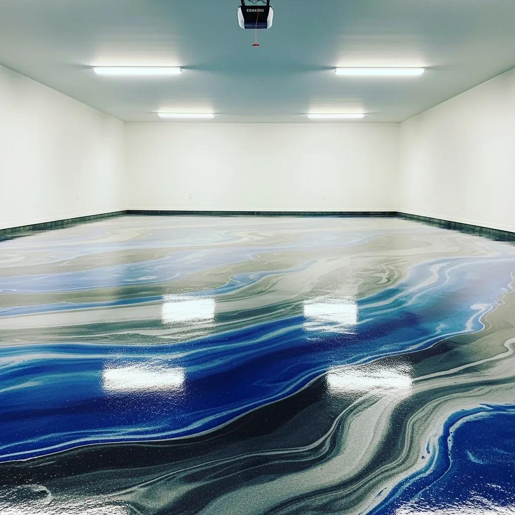 Freshly coated epoxy garage floor with a glossy finish showcasing durability and aesthetic appeal, featuring swirling blue, gray, and black patterns in a well-lit garage setting.
