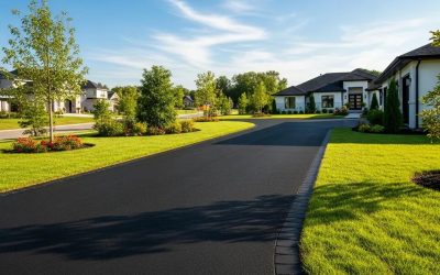 Freshly installed asphalt driveway with a smooth surface, surrounded by lush green lawn and landscaped gardens, enhancing curb appeal for residential properties.