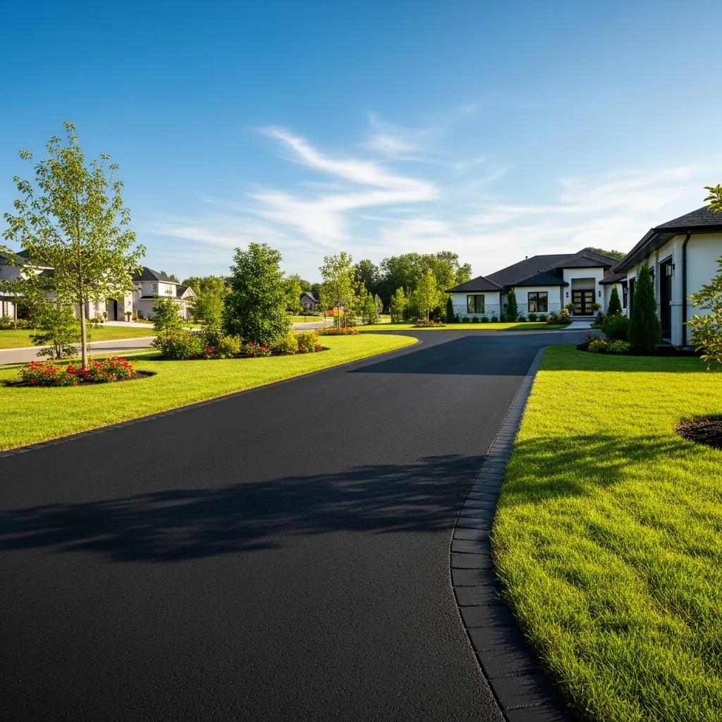 Freshly installed asphalt driveway with smooth surface, surrounded by lush green lawn and landscaped flower beds, enhancing home exterior appeal in a residential setting.