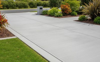 Freshly installed concrete driveway in a suburban setting, showcasing durability and aesthetic appeal, surrounded by landscaped greenery and decorative plants.