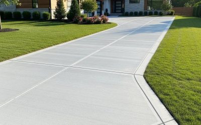Freshly installed concrete driveway leading to a modern home, surrounded by a well-maintained lawn and landscaped garden, emphasizing durability and aesthetic appeal in residential settings.