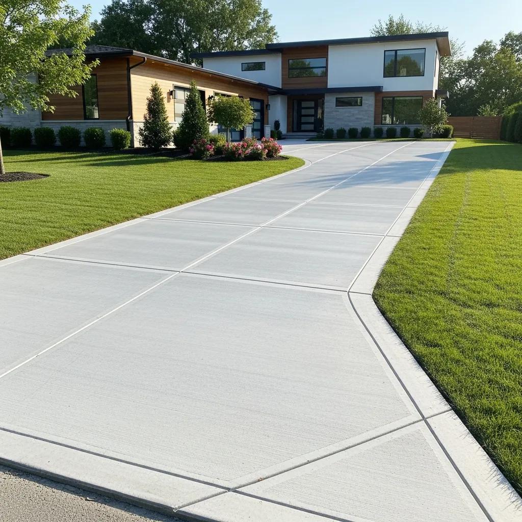 Freshly installed concrete driveway leading to a modern home with well-maintained lawn and landscaping, illustrating quality concrete driveway installation by Morici Bros Concrete.