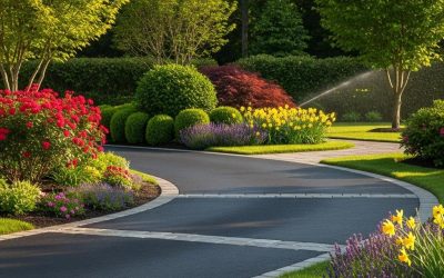 Freshly renovated concrete driveway with decorative elements, surrounded by vibrant flowers and lush greenery, enhancing curb appeal for residential properties.