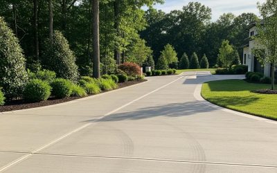 Freshly resurfaced concrete driveway showcasing smooth texture and aesthetic appeal, surrounded by lush greenery and landscaping, enhancing curb appeal for residential properties.