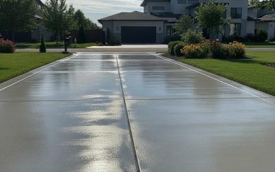 Freshly sealed concrete driveway showcasing protective benefits and aesthetic appeal, surrounded by landscaped yard and residential home in Milwaukee, WI.
