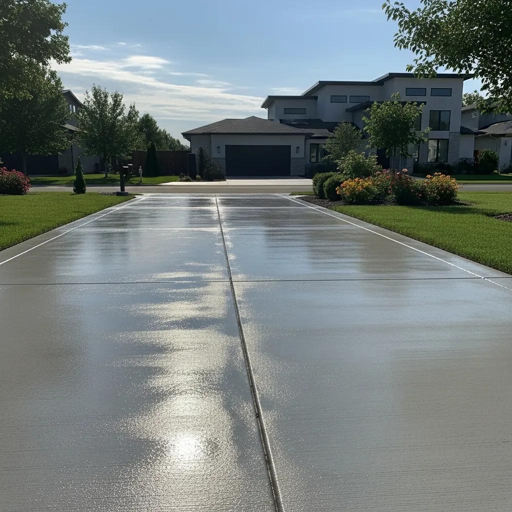 Freshly sealed concrete driveway showcasing protective benefits and aesthetic appeal, surrounded by well-maintained landscaping and modern home architecture.