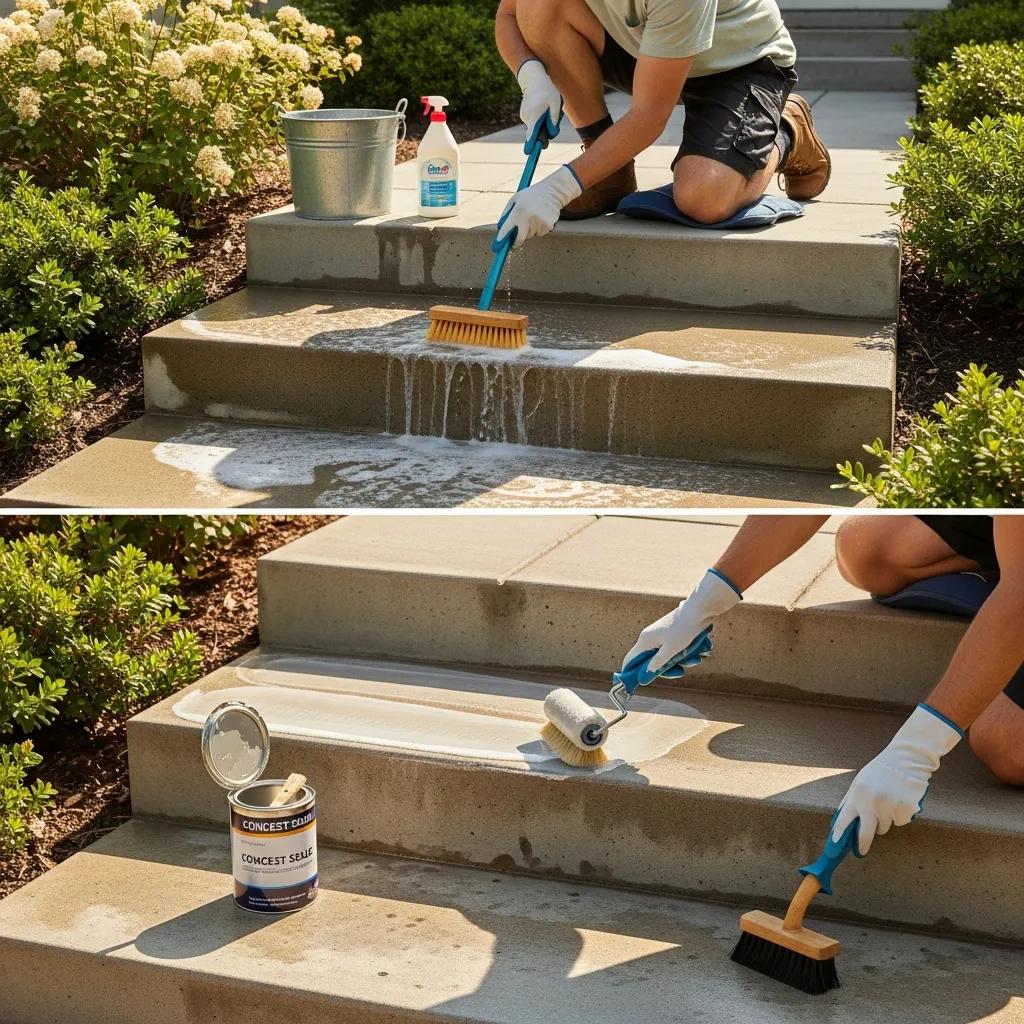 Homeowner cleaning and applying sealant to concrete steps for maintenance and longevity, featuring cleaning tools and sealant canister.