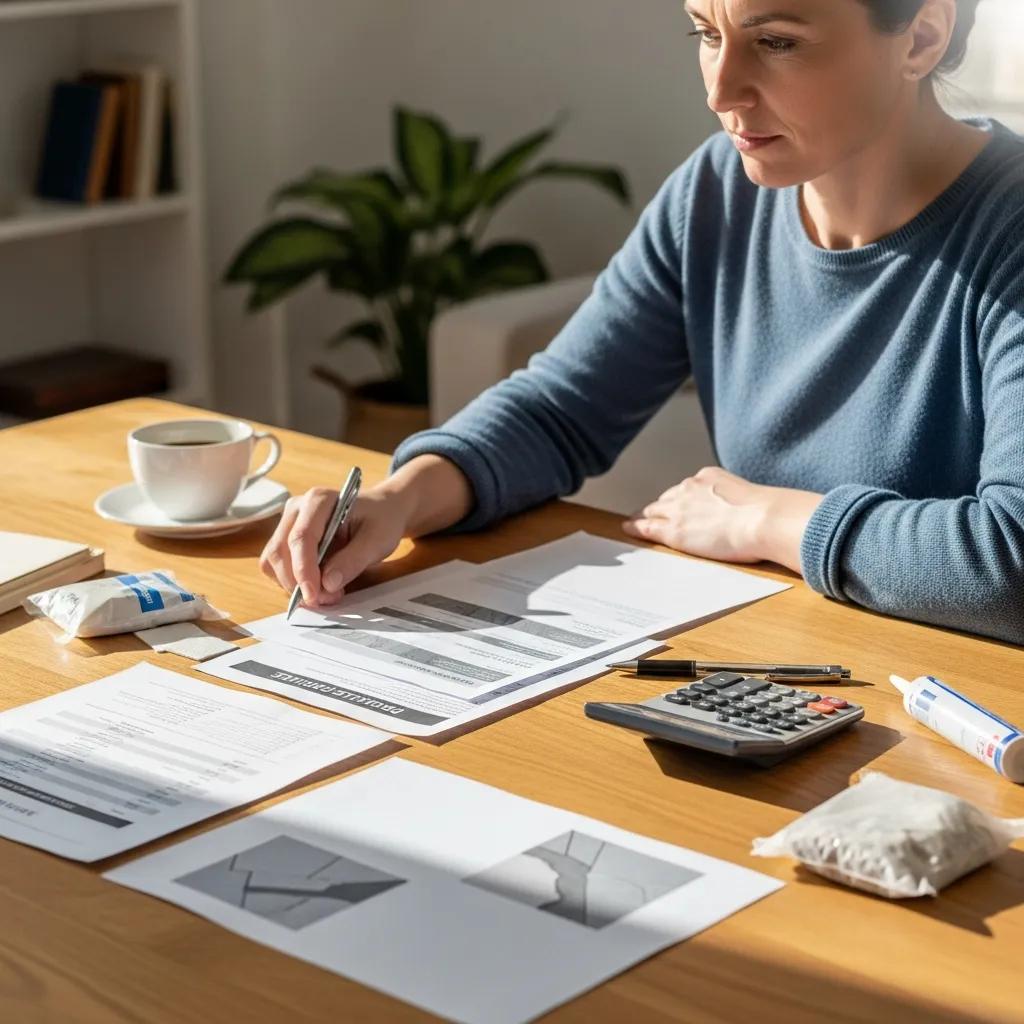 Woman reviewing concrete crack repair cost estimates with documents, calculator, epoxy and polyurethane materials, and coffee cup on table.