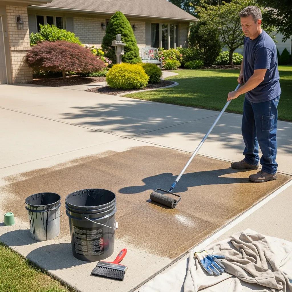 Homeowner applying sealant to concrete driveway, emphasizing maintenance importance with tools and materials nearby.