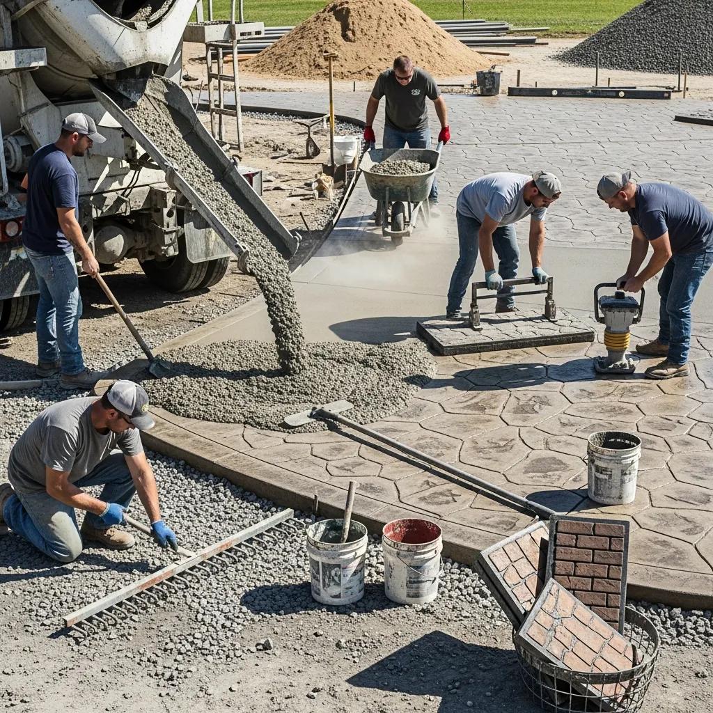 Workers installing stamped concrete patio, pouring concrete from mixer, using tools for leveling and stamping, with buckets of colored stains and pattern stamps in the foreground.