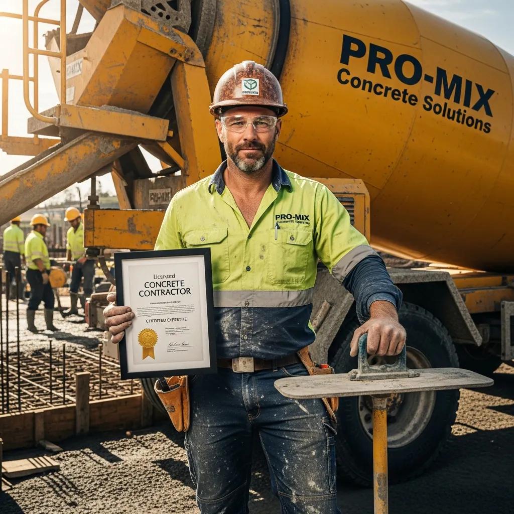 Licensed concrete contractor holding certification at construction site with concrete mixer and workers in background.