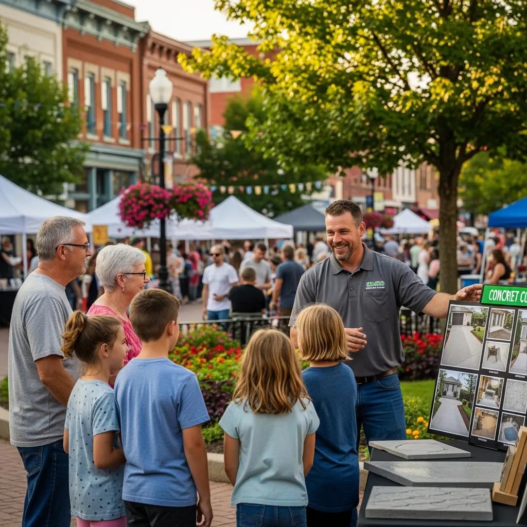 Local concrete contractor engaging with community members at a neighborhood event, showcasing concrete project examples and discussing services with families and children.