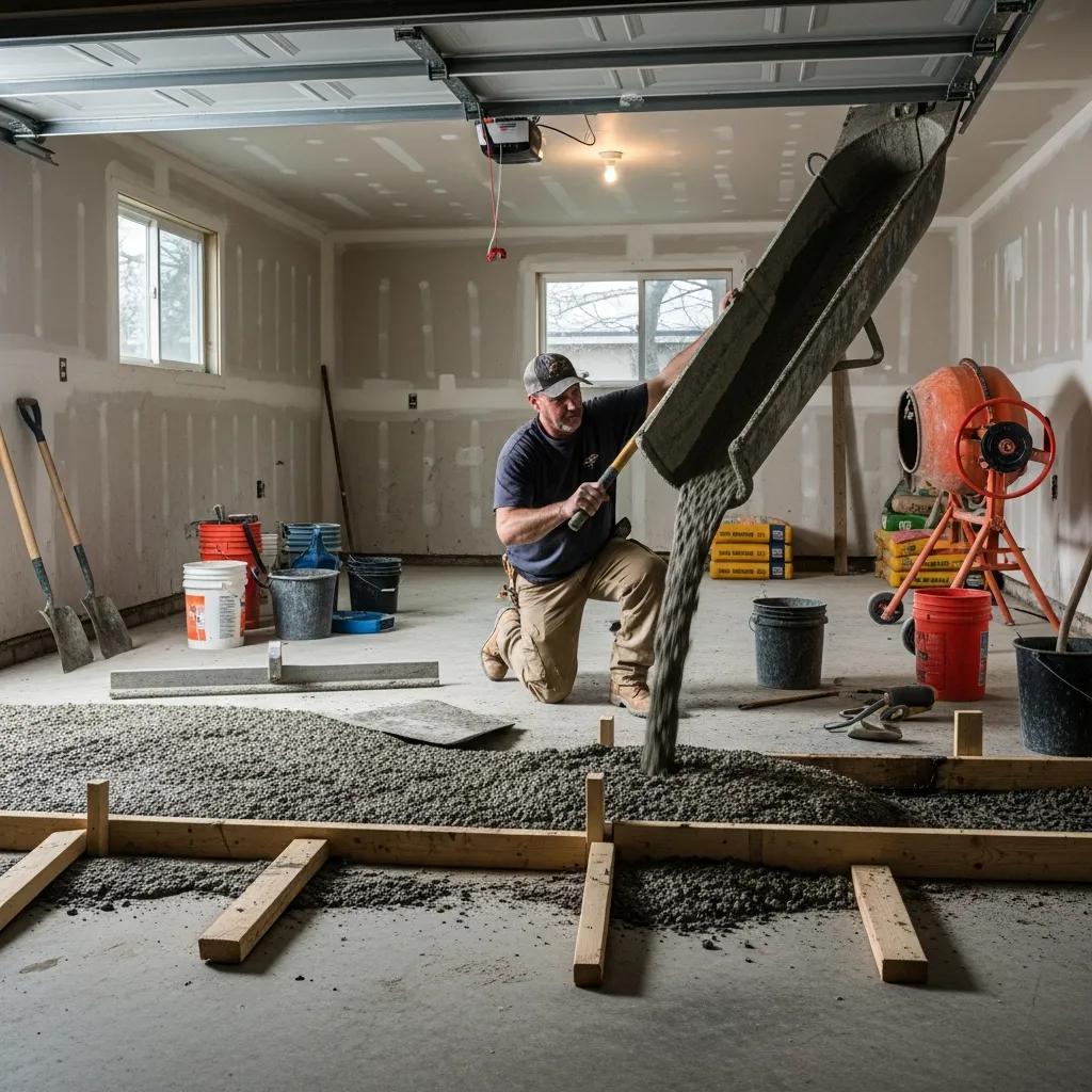 Local contractor pouring concrete during garage floor installation in a Milwaukee garage, demonstrating the installation process with tools and materials visible.