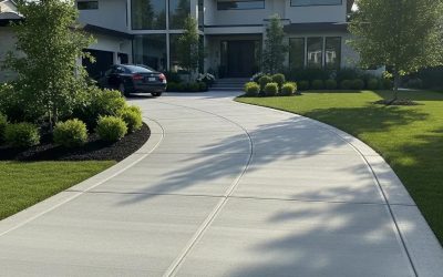 Newly installed concrete driveway enhancing home curb appeal with smooth finish, surrounded by landscaped greenery and modern architecture.