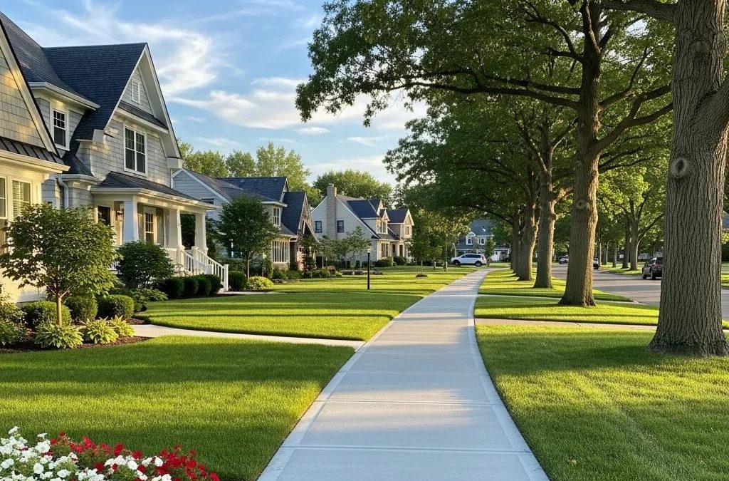 Newly installed concrete sidewalk in a Wauwatosa neighborhood, highlighting urban infrastructure and pedestrian safety
