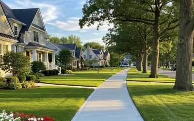 Newly installed concrete sidewalk in a Wauwatosa neighborhood, enhancing urban infrastructure and pedestrian safety amidst well-maintained lawns and residential homes.