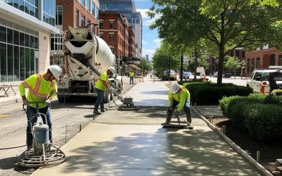 Concrete sidewalk installation in Milwaukee with workers pouring and smoothing fresh concrete, showcasing urban infrastructure and craftsmanship.