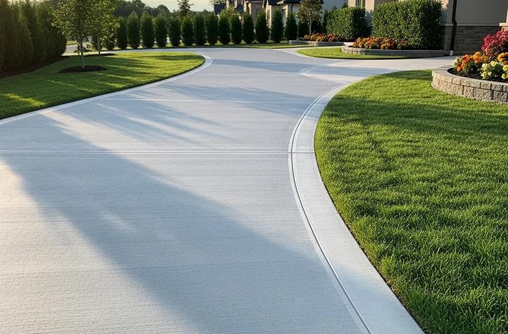 Newly installed durable concrete driveway with expert craftsmanship, featuring a smooth finish and landscaped surroundings in Milwaukee.