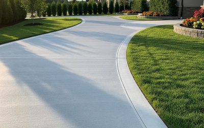 Newly installed durable concrete driveway with expert craftsmanship, curved path surrounded by green grass and landscaped garden.