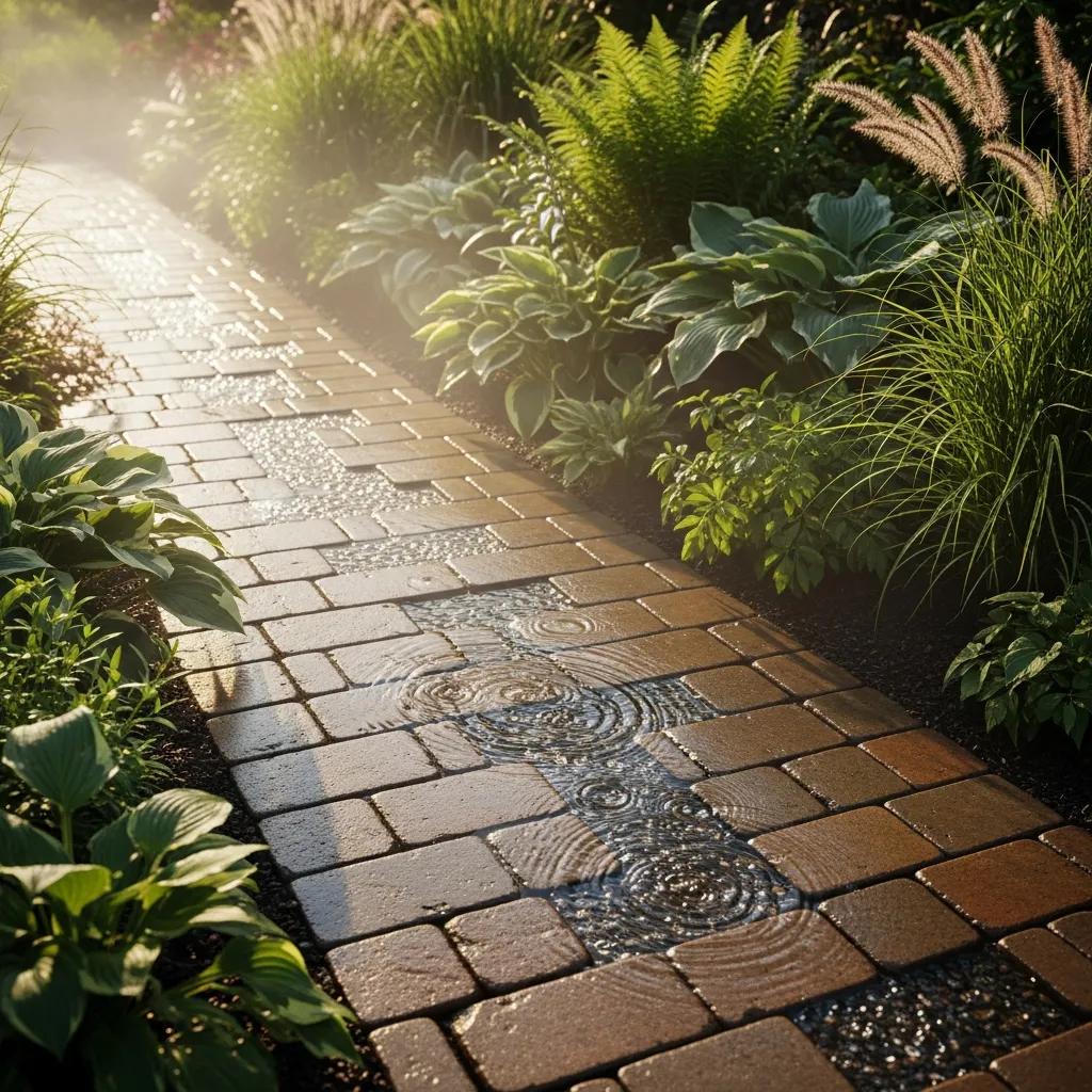 Permeable pavers in a garden setting with water pooling in joints, surrounded by lush greenery, highlighting environmental benefits of improved drainage and reduced runoff.