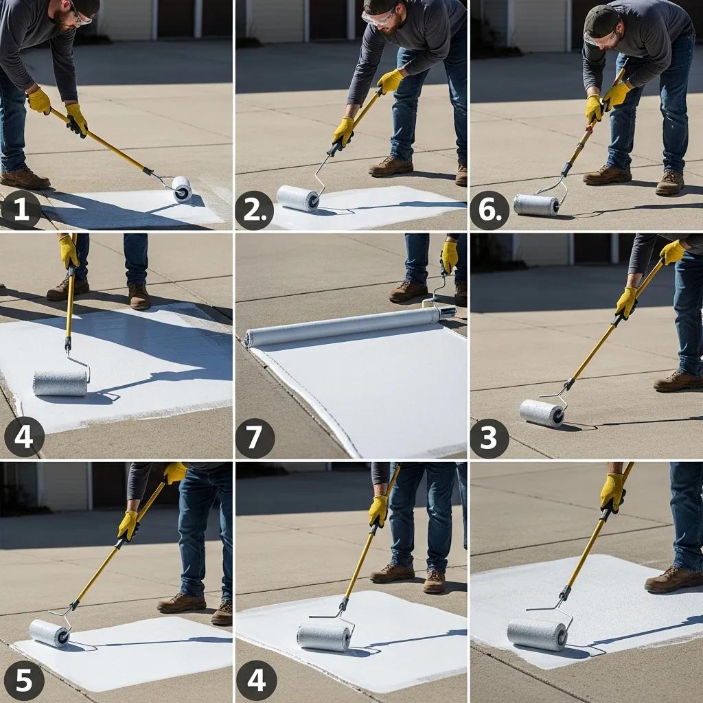 Person applying sealant to a concrete driveway using a roller, demonstrating proper sealing techniques for effective surface protection.