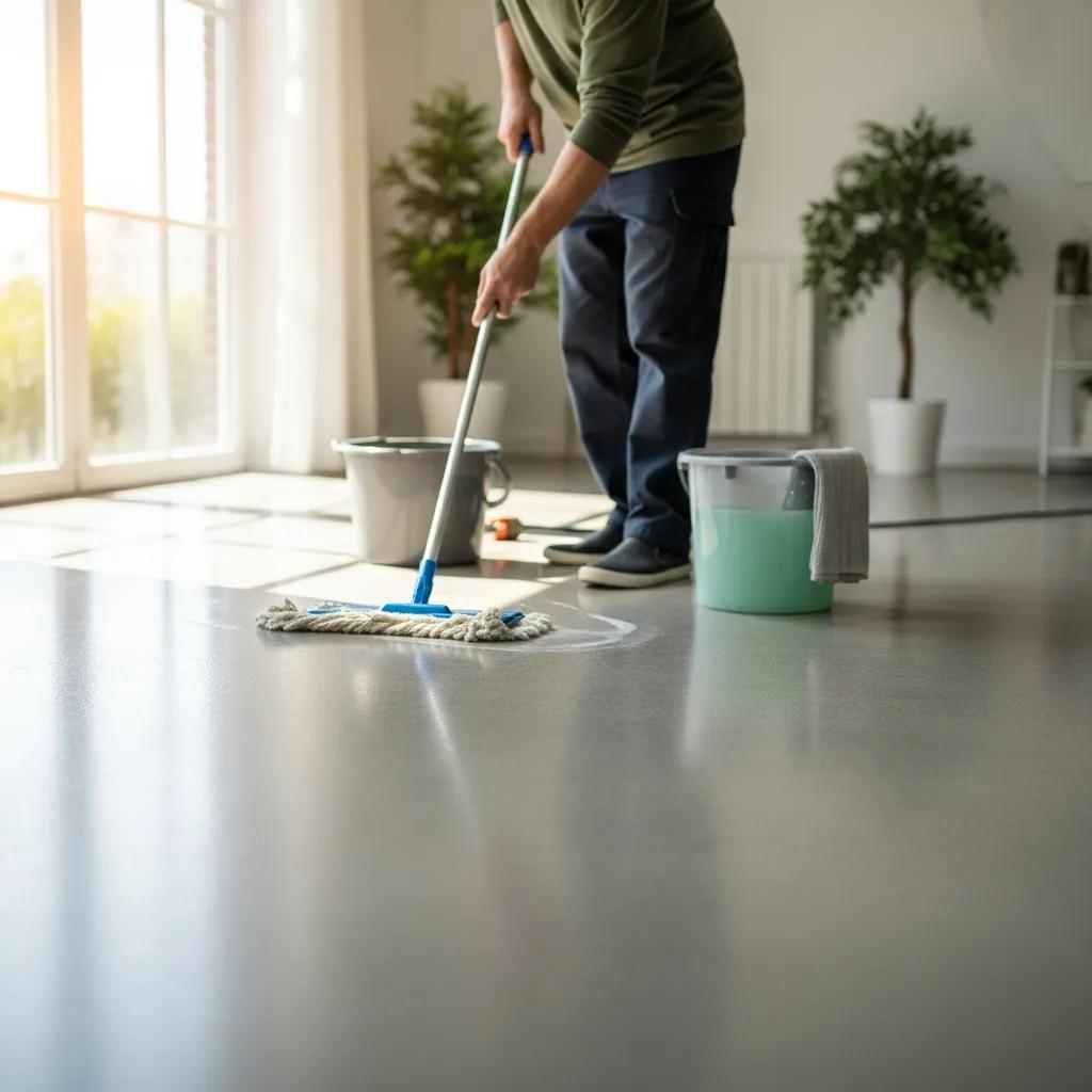 Person mopping a concrete floor with a blue mop and bucket, demonstrating effective cleaning practices for maintaining concrete flooring longevity.