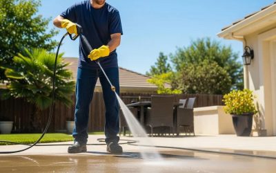 Person using a pressure washer to clean a concrete surface on a sunny day, showcasing effective cleaning methods for maintaining concrete surfaces.