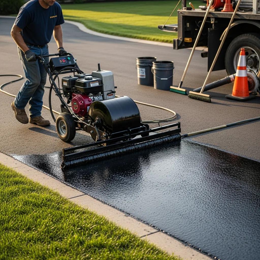 Professional applying sealant to asphalt driveway using sealcoating machine, enhancing durability and appearance for maintenance.