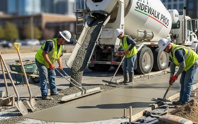 Professional concrete workers pouring and finishing concrete for sidewalk installation in an urban environment, showcasing durable construction practices by Morici Bros.