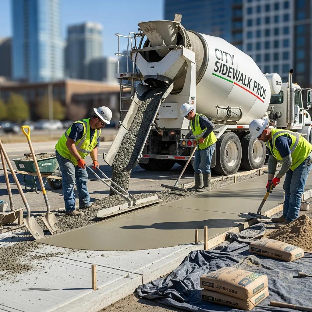 Workers pouring and finishing concrete for a sidewalk installation in an urban environment, showcasing professional concrete services by Morici Bros in Milwaukee.