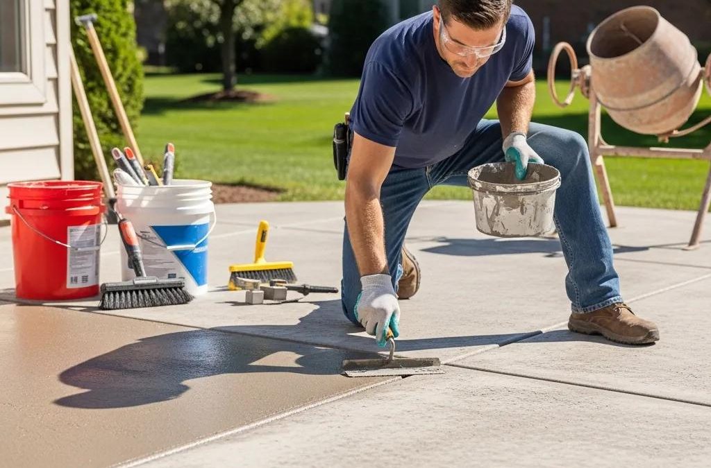 Professional contractor applying polymer-based resurfacing material to a concrete patio, showcasing home improvement services and concrete repair expertise.