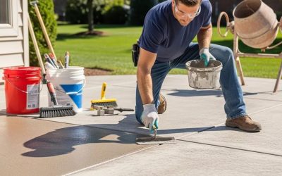 Professional contractor applying polymer-based resurfacing material to a concrete patio, showcasing home improvement services and expert concrete repair techniques.